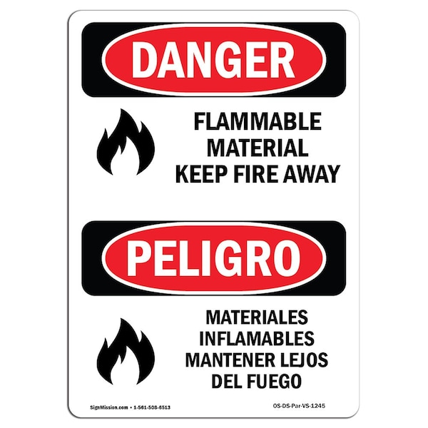 Safety Sign, OSHA Danger, 24" Height, Aluminum, Flammable Material Keep Fire Away Spanish